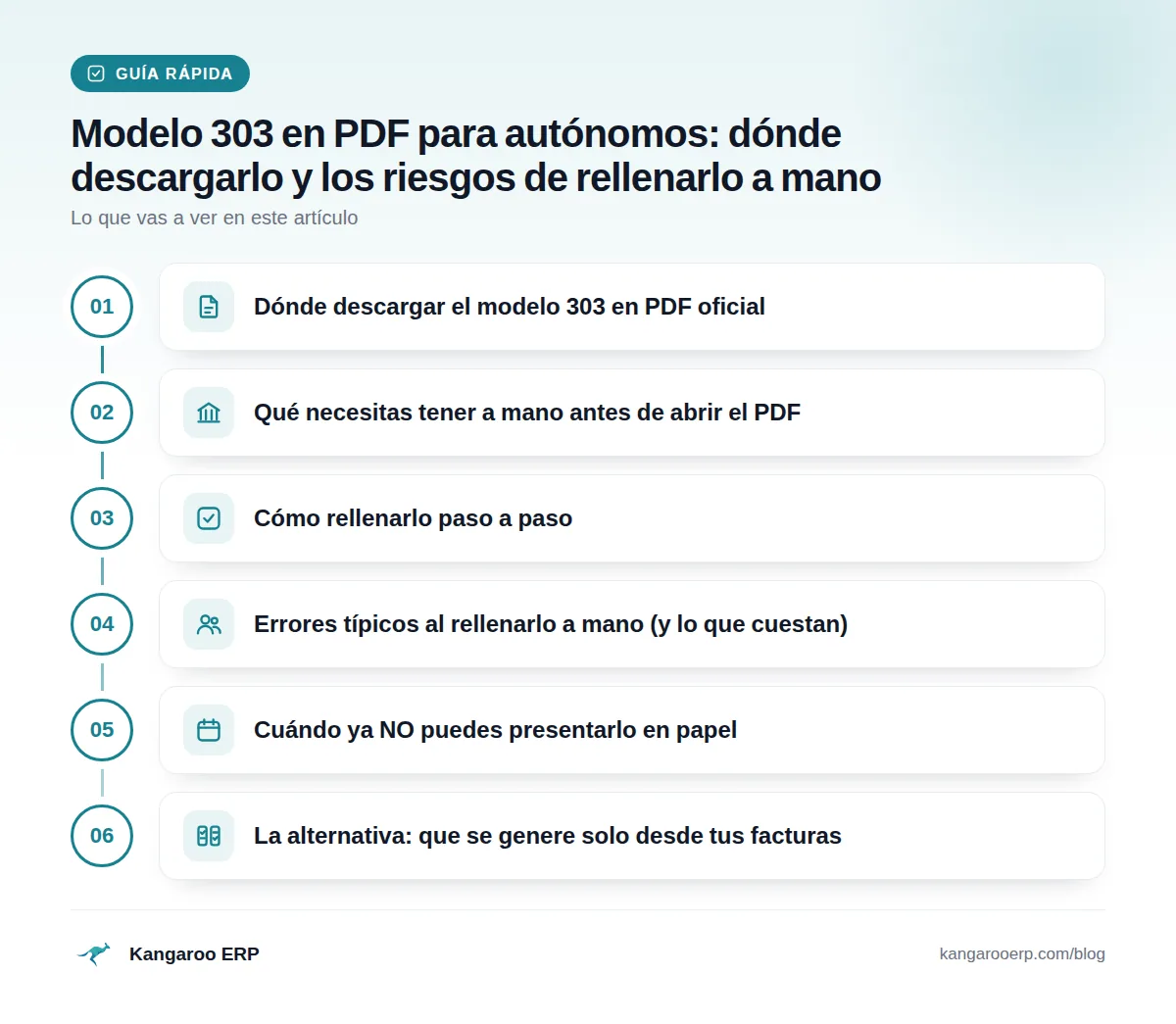 Guía rápida: Dónde descargar el modelo 303 en PDF oficial · Qué necesitas tener a mano antes de abrir el PDF · Cómo rellenarlo paso a paso · Errores típicos al rellenarlo a mano (y lo que cuestan) · Cuándo ya NO puedes presentarlo en papel · La alternativa: que se genere solo desde tus facturas