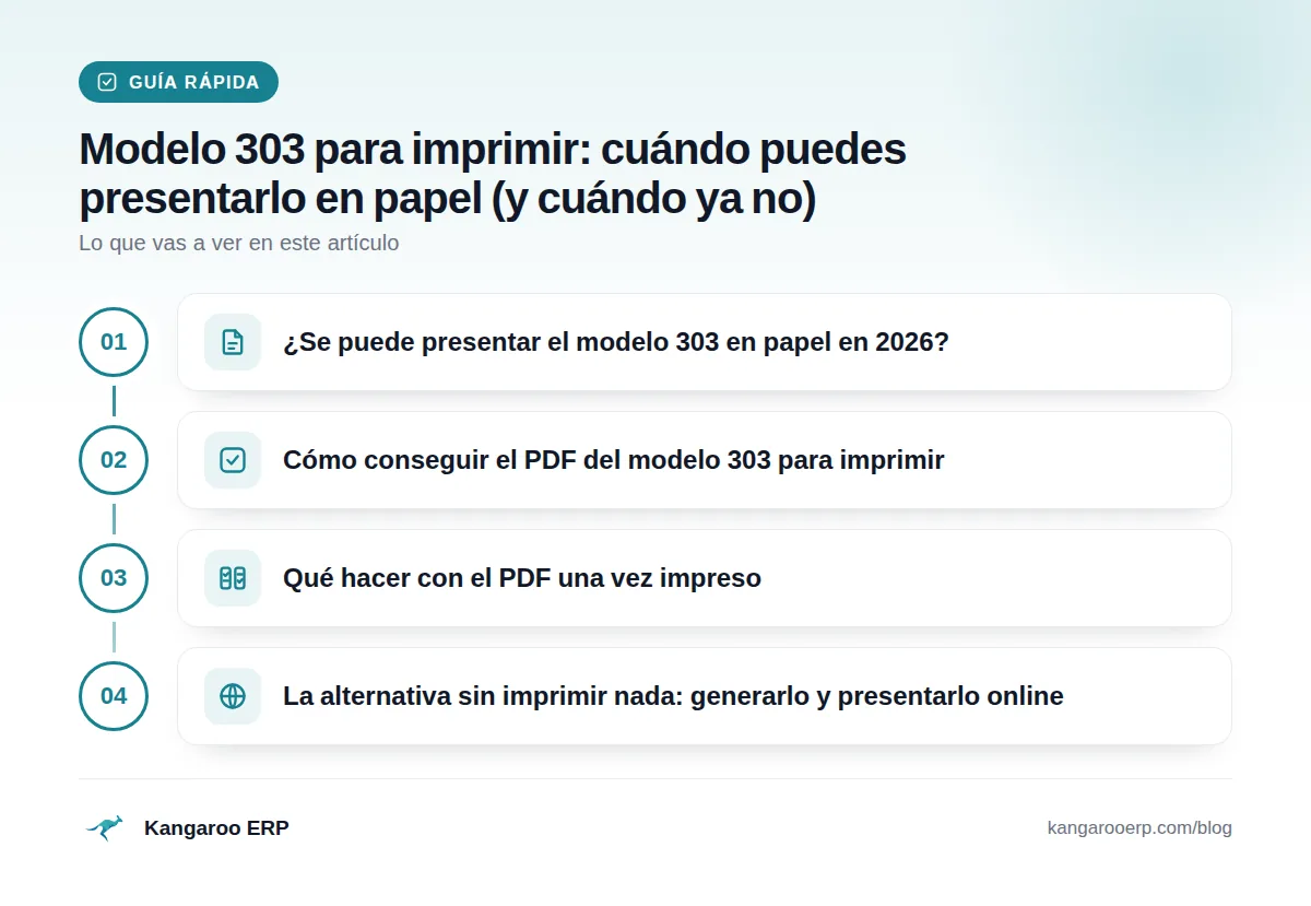 Guía rápida: ¿Se puede presentar el modelo 303 en papel en 2026? · Cómo conseguir el PDF del modelo 303 para imprimir · Qué hacer con el PDF una vez impreso · La alternativa sin imprimir nada: generarlo y presentarlo online