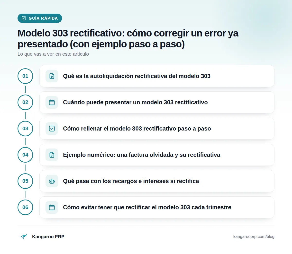Guía rápida: Qué es la autoliquidación rectificativa del modelo 303 · Cuándo puede presentar un modelo 303 rectificativo · Cómo rellenar el modelo 303 rectificativo paso a paso · Ejemplo numérico: una factura olvidada y su rectificativa · Qué pasa con los recargos e intereses si rectifica · Cómo evitar tener que rectificar el modelo 303 cada trimestre